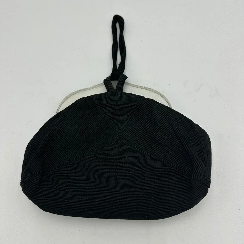 Vintage Black Corde Wristlet Handbag Clear Lucite Frame Triangle Stitch 50s MCM